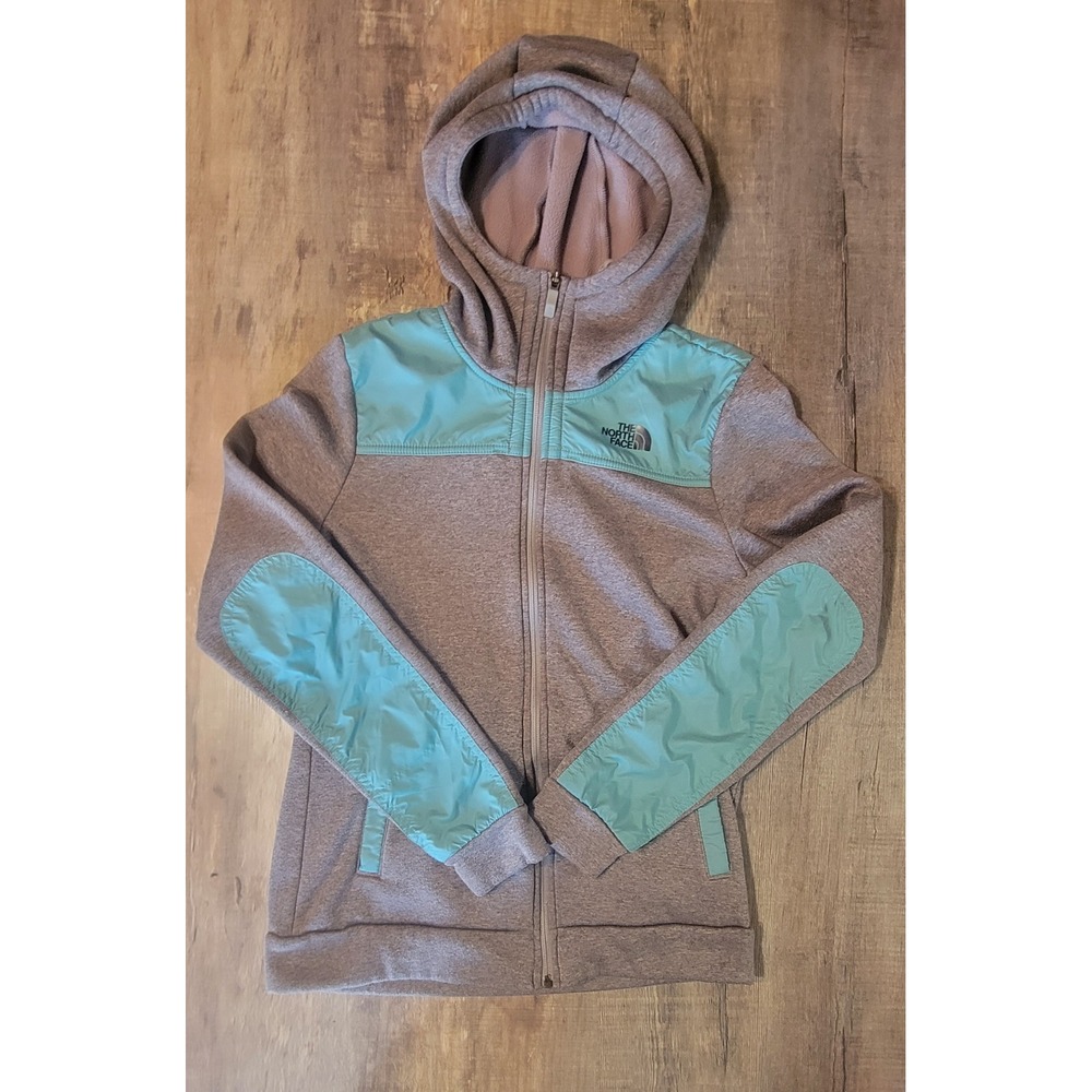 The North Face Womens Grey Teal Full Zip Fleece Hoodie Jacket Medium Overlay